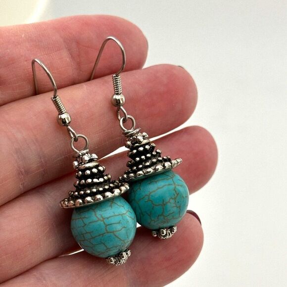 Turquoise Wagnerite Antique Silver Tone Earrings Surgical Steel Hooks - Picture 5 of 7